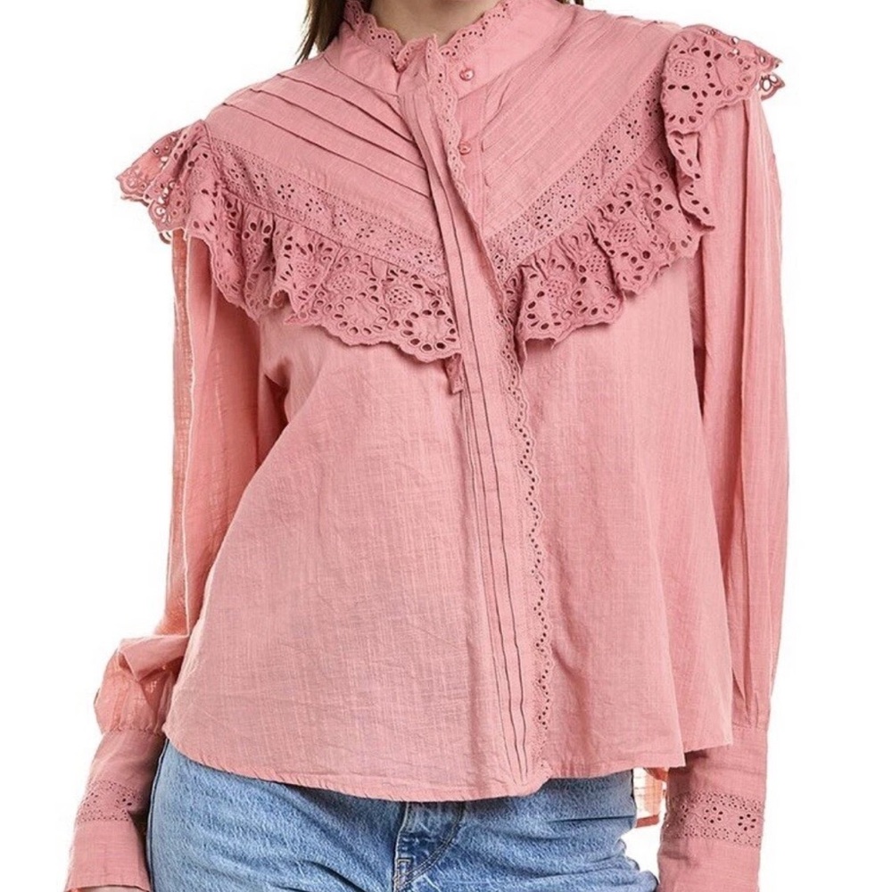 Free People ~ Hit The Road Top (Pink/Sun Sand)~ Size Large, Eyelet Ruffle Trim